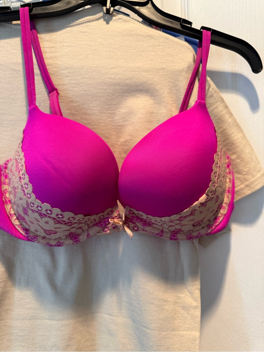 Victoria's Secret Hot Pink Push-Up Bra with Beige Lace